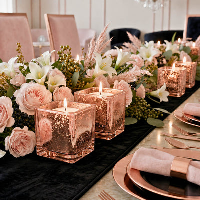 Rose gold mercury square votive holders with blush floral table centerpiece decor - thumbnail number 6