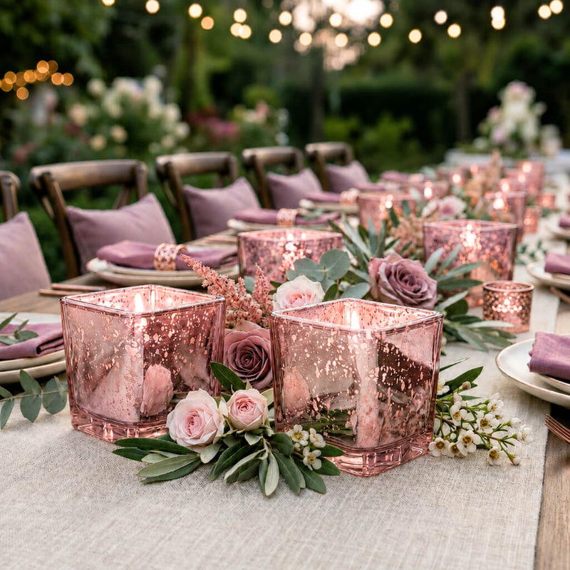 Rose gold mercury square votive holders on an elegant floral outdoor table setting - thumbnail number 4