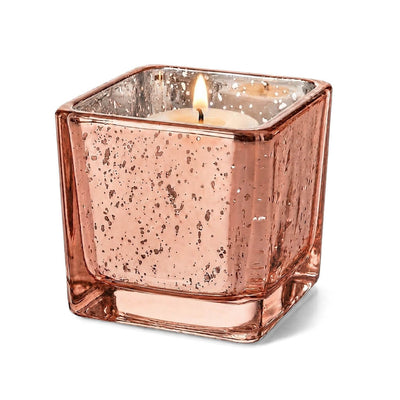 Rose gold mercury square votive holder with lit candle on white background - thumbnail number 3