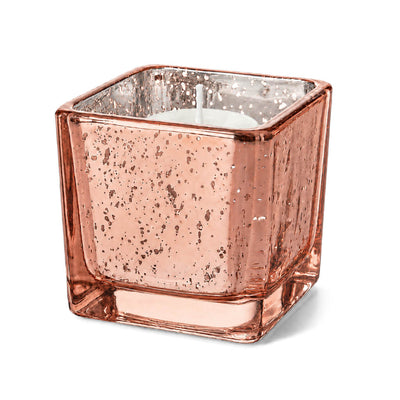 Rose gold mercury square votive holder with unlit candle on white background - thumbnail number 2