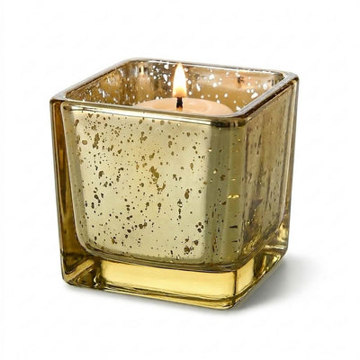 Metallic gold mercury square votive holder with lit candle on white background - thumbnail number 3
