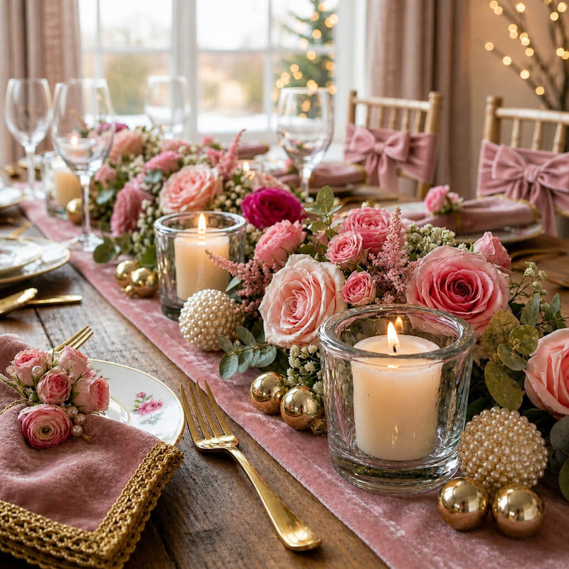 Pink floral tablescape with glass candle holders and gold accents - thumbnail number 6