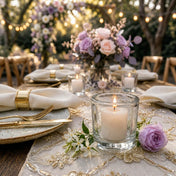 Elegant garden dinner table with lit candles, gold accents, and lavender flowers - thumbnail number 7