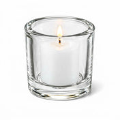 Lit white votive candle in clear glass holder on white background - thumbnail number 5