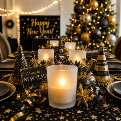 New Year tablescape with frosted candle holders and black gold decor - thumbnail number 5