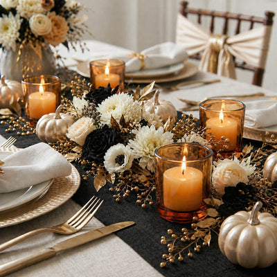 Amber glass votive candles on elegant floral fall dinner table centerpiece - thumbnail number 6