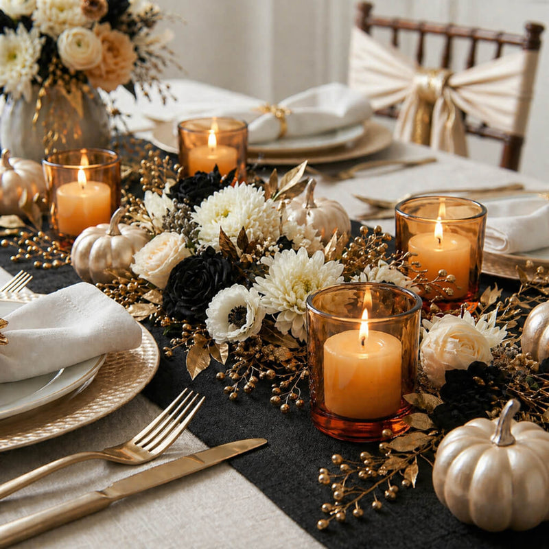 Amber glass votive candles on elegant floral fall dinner table centerpiece - thumbnail number 6