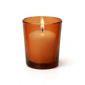 Amber glass votive holder with lit candle on white background - thumbnail number 3