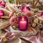 Lit pink candle holders on a marble tray with pink roses and pampas grass decor - thumbnail number 4