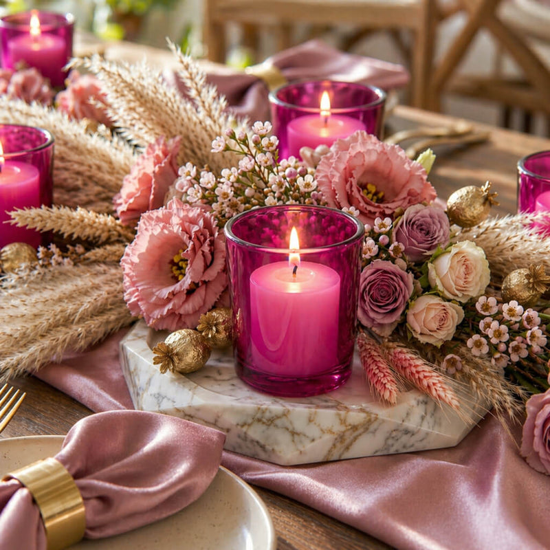 Lit pink candle holders on a marble tray with pink roses and pampas grass decor - thumbnail number 4
