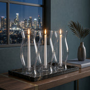 Three Hurricane Pillar Candle Lamp displays on a black marble tray against a city night view - thumbnail number 8