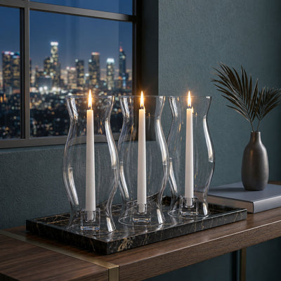 Three Hurricane Pillar Candle Lamp displays on a black marble tray against a city night view - thumbnail number 8