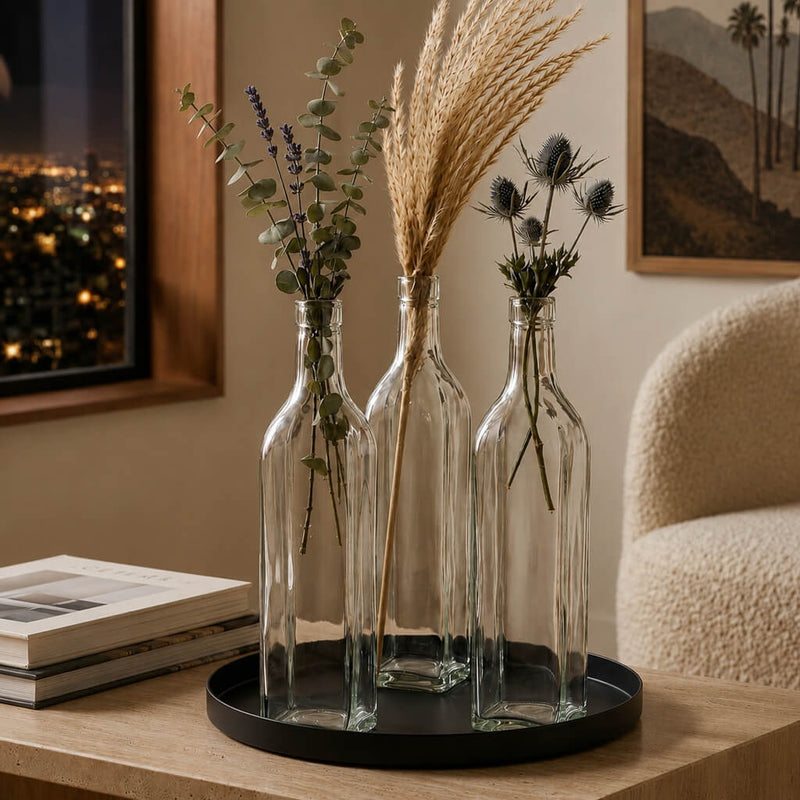 Trio of Glass Square Bottle vases holding dried botanicals on a black tray - thumbnail number 6