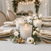 Clear hobnail glass votive holders on a tablescape with eucalyptus, white flowers, and gold accents - thumbnail number 5