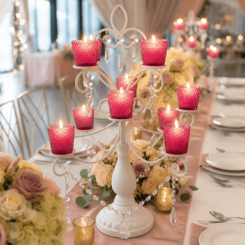 Pink hobnail votive holders on elegant white candelabra wedding centerpiece - thumbnail number 4