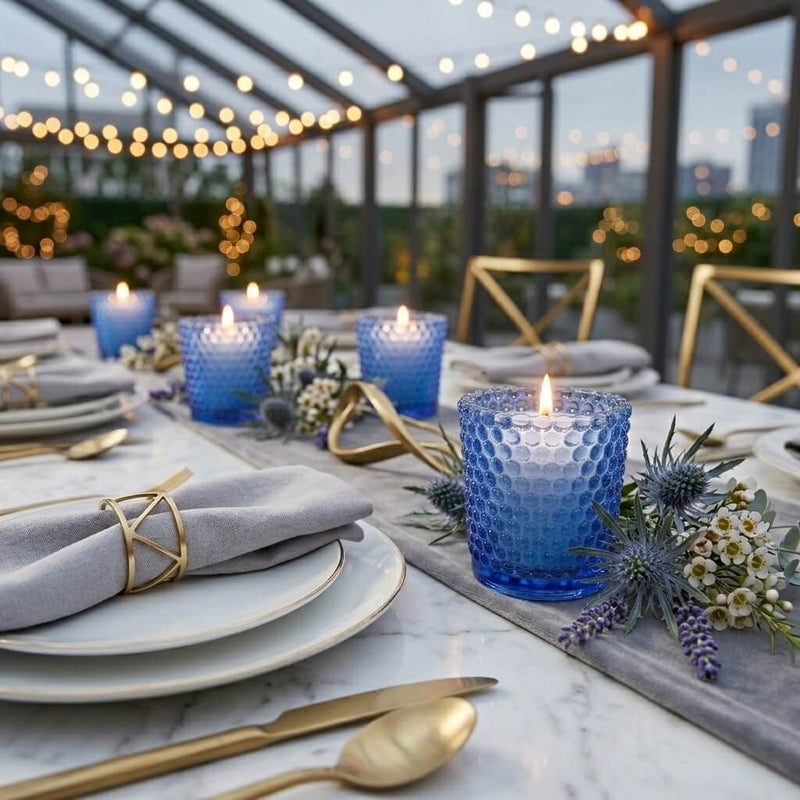 Blue hobnail votive holders with lit white candles on elegant outdoor dining table - thumbnail number 4