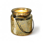 Metallic gold mercury hanging candle holder with glowing light on white background - thumbnail number 2