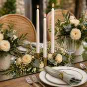 Elegant tablescape with white taper candles and white floral centerpiece - thumbnail number 5