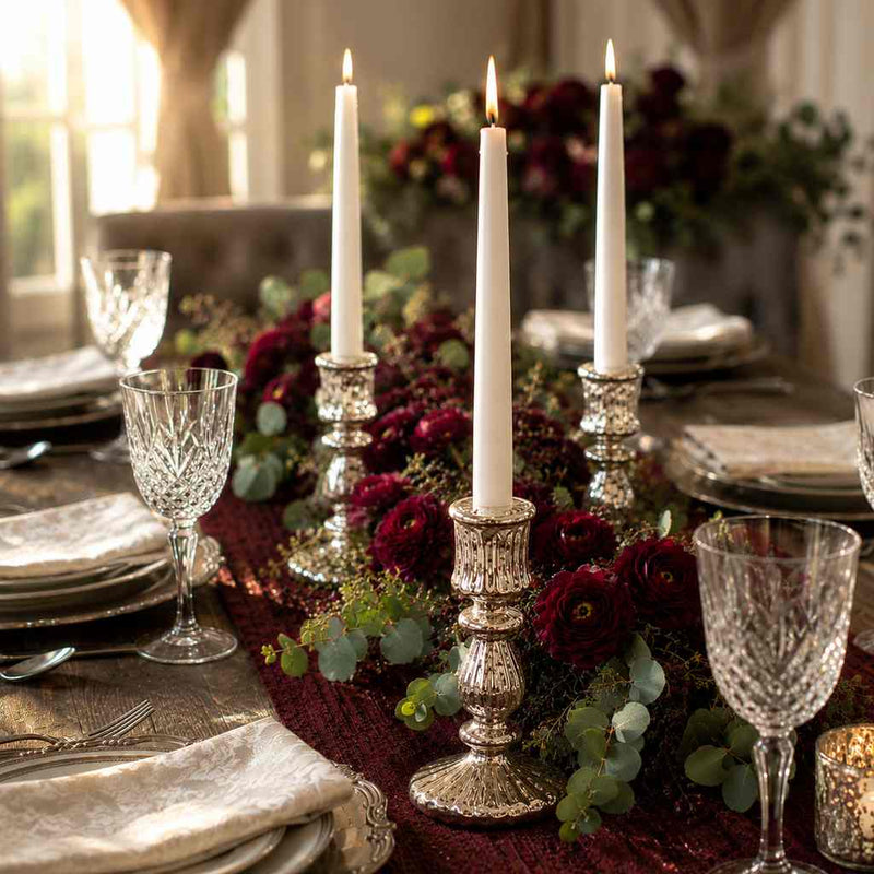 Candlelit dining table with white candles and burgundy flower garland - thumbnail number 3