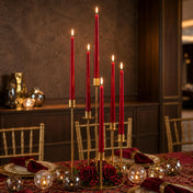 Lit red taper candles with gold stands and romantic table decor - thumbnail number 4
