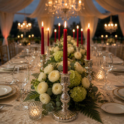 Red taper candles with lush floral decor on formal reception table - thumbnail number 5