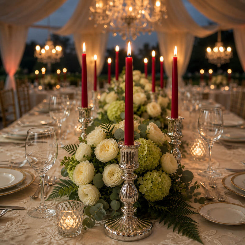 Red taper candles with lush floral decor on formal reception table - thumbnail number 5