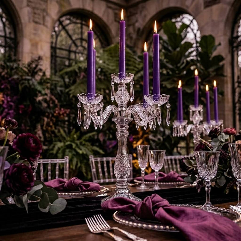 Crystal candle holder with purple taper candles and dark floral decor - thumbnail number 4