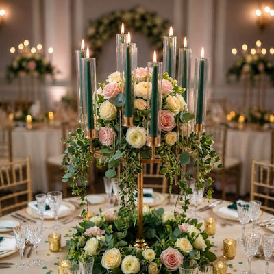 Wedding tablescape with green candles and blush floral arrangement - thumbnail number 4