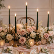 Romantic dinner table with green candles and pastel rose arrangements - thumbnail number 5