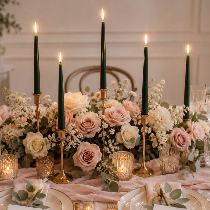 Romantic dinner table with green candles and pastel rose arrangements - thumbnail number 5
