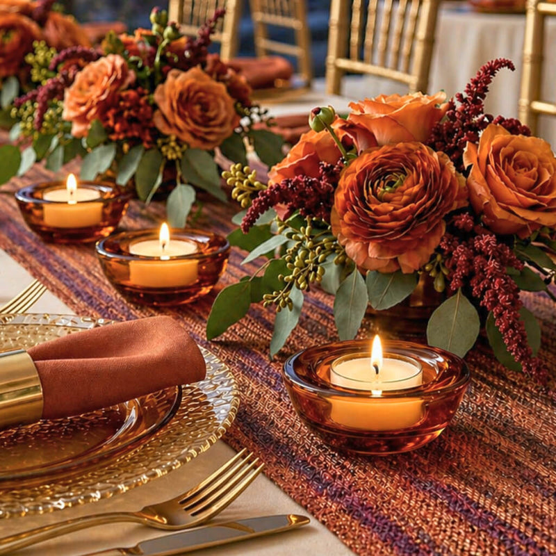 Amber glass tealight holders with orange roses on a textured runner for a fall table setting - thumbnail number 6