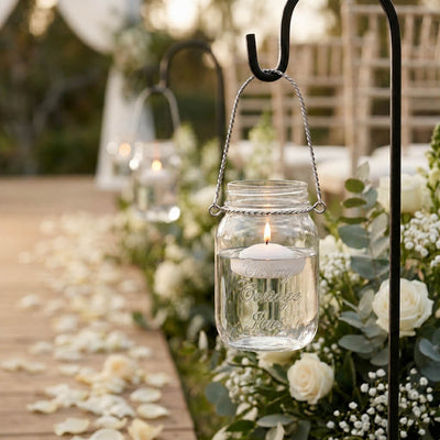 Upscale Small Mason Jar with Handle hanging at a wedding aisle - thumbnail number 5