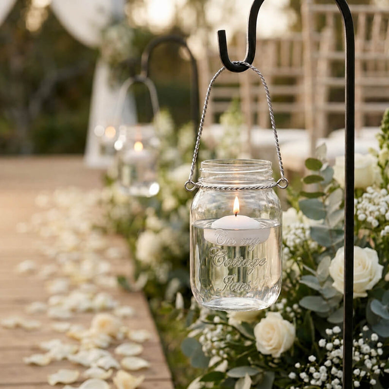 Upscale Small Mason Jar with Handle hanging at a wedding aisle - thumbnail number 5