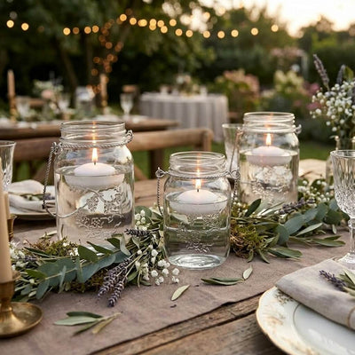 Upscale Large Mason Jar with Handle trio on a garden gala tablescape - thumbnail number 6