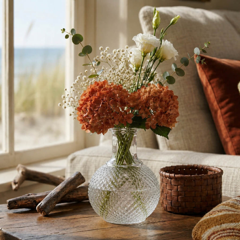 6" Textured Glass Perfume Vase with flowers on a wooden table by a window - thumbnail number 6