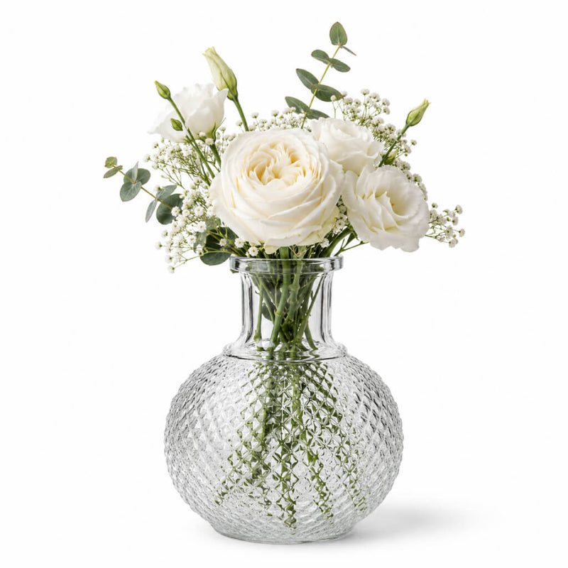 6" Textured Glass Perfume Vase filled with a beautiful bouquet of white flowers - thumbnail number 2
