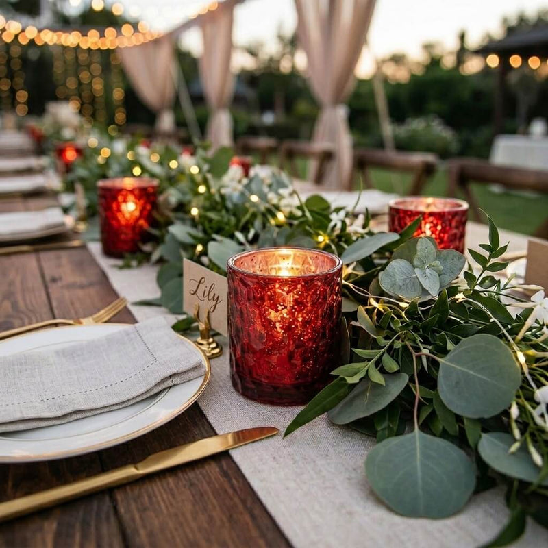Red honeycomb votive holders on greenery table centerpiece with string lights - thumbnail number 3