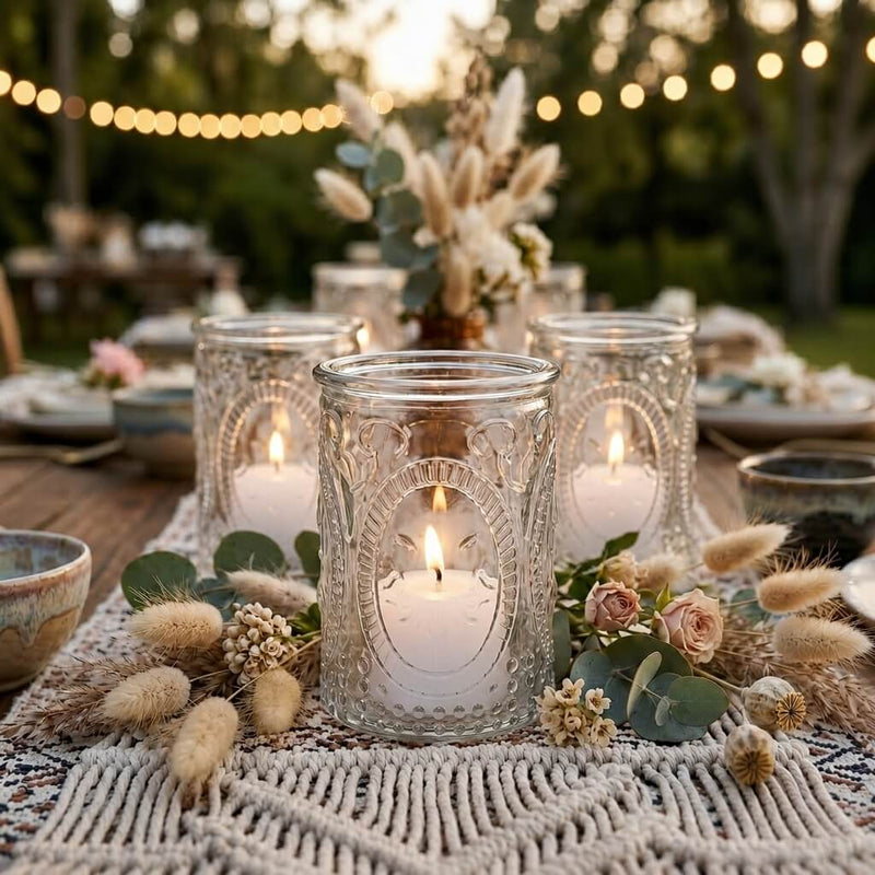 Outdoor table with lit glass candle holders, dried flowers, and string lights bokeh - thumbnail number 6