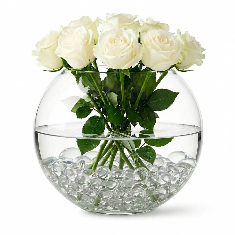 White roses in a bubble glass vase with clear decorative beads - thumbnail number 2