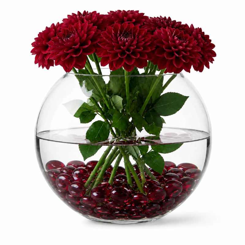 Dark red dahlias in a 12" bubble glass vase with red decorative beads - thumbnail number 3