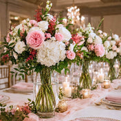 10" clear vase with pink roses and white hydrangeas on a wedding table - thumbnail number 8