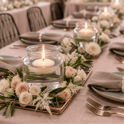 Floating white candles in the Etta Vase on a luxury garden gala tablescape - thumbnail number 5