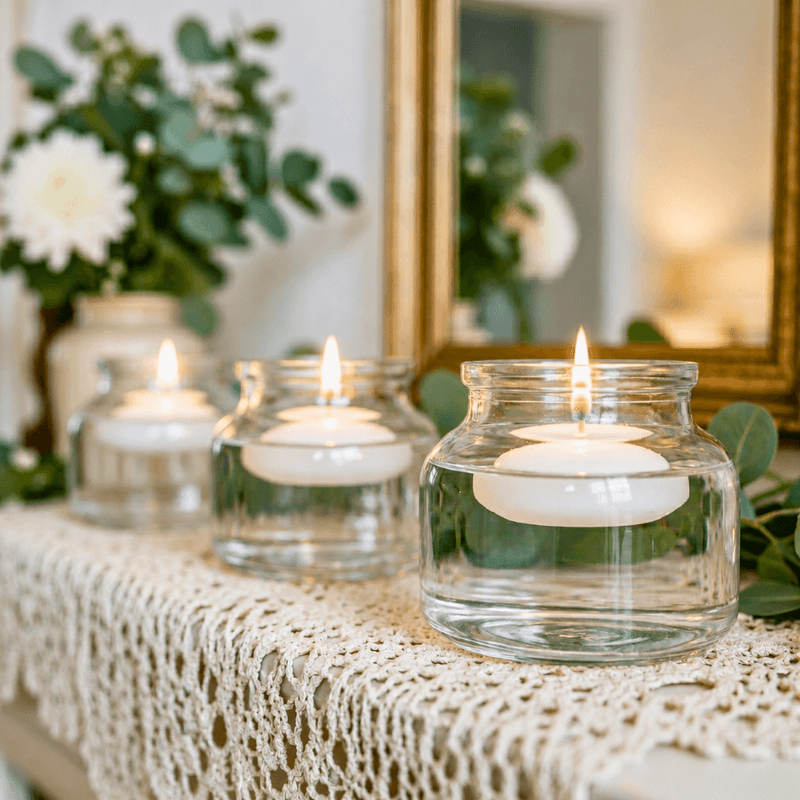 Floating white candles in the Etta Vase on a lace runner with greenery - thumbnail number 8