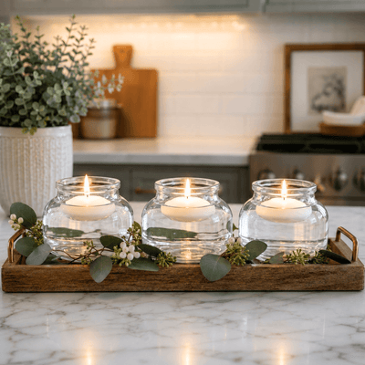 Floating white candles in the Etta Vase on a wooden tray in a kitchen setting - thumbnail number 7