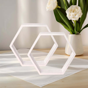 Whitewashed Wood Hexagon Display 9" – Set of 2 Geometric Terrarium Honeycomb Centerpieces