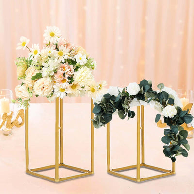 12" Gold Rectangular Metal Flower Stands – 2-Pack Geometric Column Frames for Wedding Arrangements - thumbnail number 2