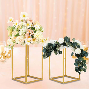 12" Gold Rectangular Metal Flower Stands – 2-Pack Geometric Column Frames for Wedding Arrangements