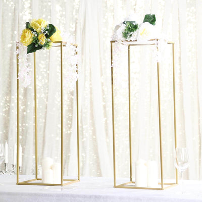 32" Gold Rectangular Metal Flower Stands – 2-Pack Geometric Column Frames for Stylish Flower Displays - thumbnail number 2