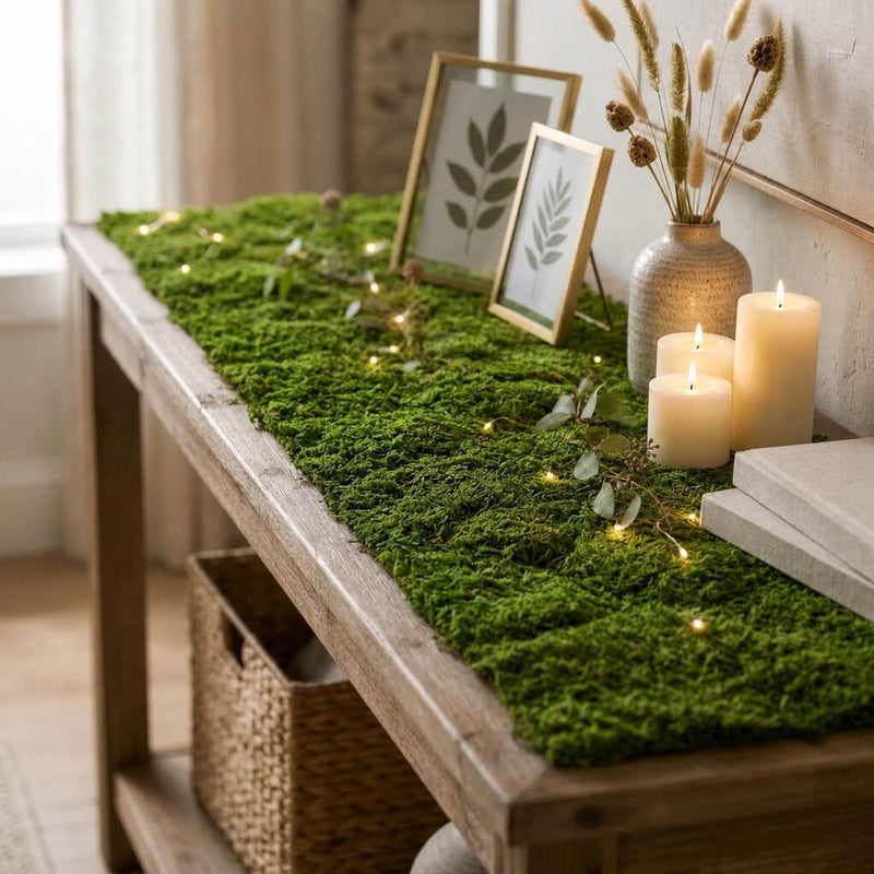 Preserved natural moss roll sheeting on a console table - thumbnail number 10