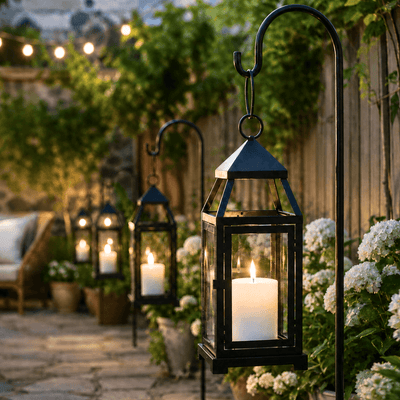 Black metal lanterns with candles hanging on shepherd hooks in a garden setting - thumbnail number 7
